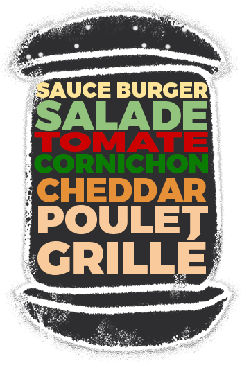 Chicken - Un burger au poulet grillé, cheddar, salade, tomates, cornichons et sauce maison. Commandez maintenant!