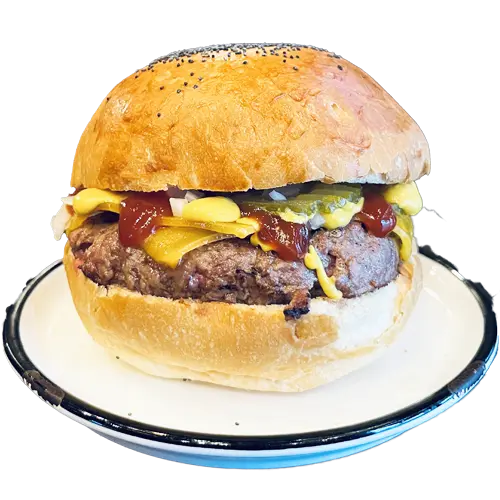 Classic Cheese - Burger avec steak, cheddar, oignons, cornichons, ketchup et moutarde américaine. Commandez maintenant !