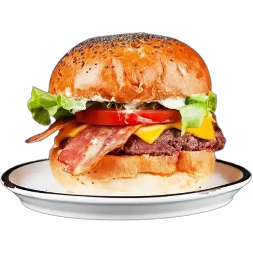 Bacon & Cheese - Un burger avec steak, bacon, cheddar, salade, tomates et sauce maison. Commandez maintenant!