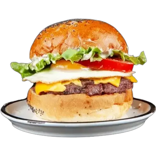 Egg & Cheese - Un burger avec steak, œuf, cheddar, salade, tomates et sauce maison. Commandez maintenant!