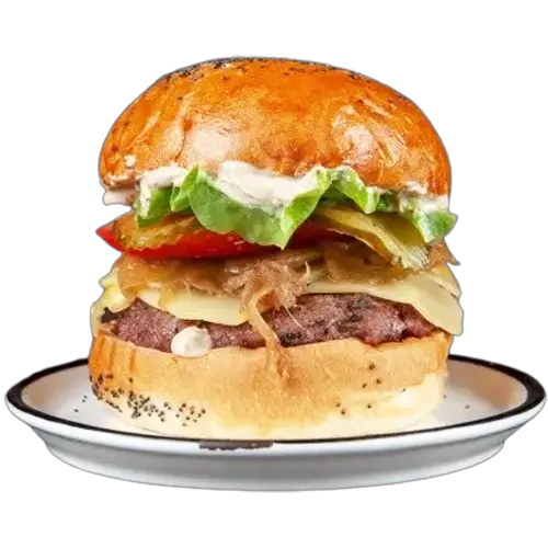 Raclette Burger - Burger avec steak, raclette, oignons confits, salade, tomate et sauce poivre. Commandez maintenant !