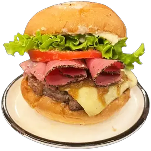 Big Beef - Burger avec steak, pastrami, emmental, oignons, salade et sauce burger. Commandez maintenant !