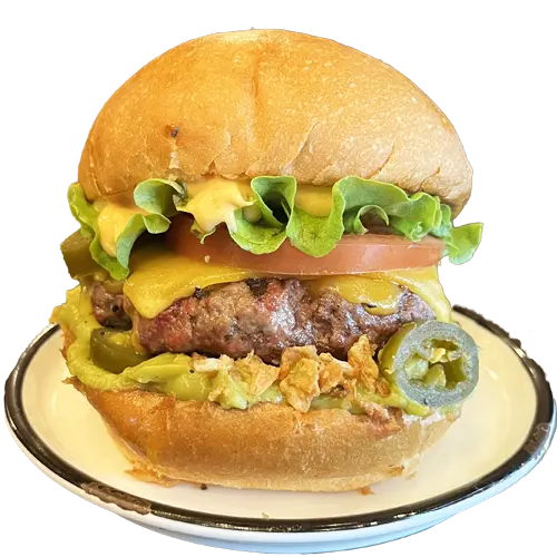 Chicanos - Burger avec poulet épicé, fromage, avocat, salade et sauce mexicaine. Commandez maintenant !