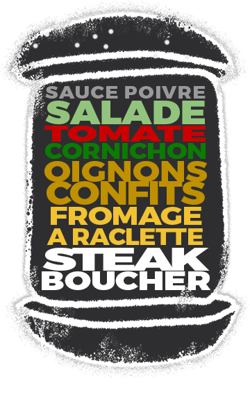 Raclette Burger - Burger avec steak, raclette, oignons confits, salade, tomate et sauce poivre. Commandez maintenant !